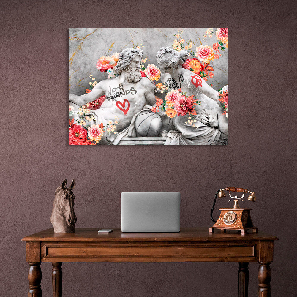 Statues of Zeus and Venus in flowers Canvas Wall Art Print
