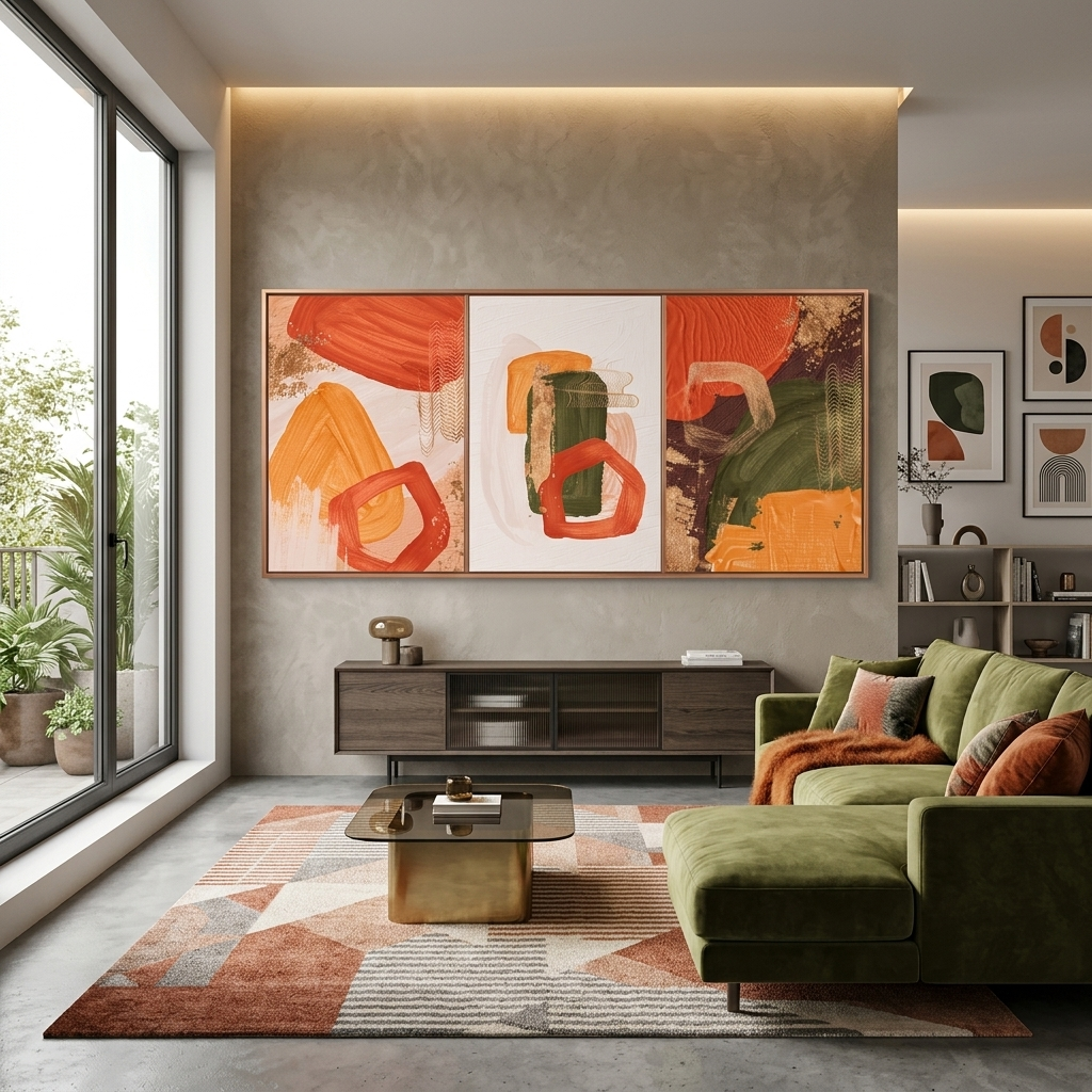 Modular yellow-orange abstract with green elements Multi Panel Canvas Wall Art Print