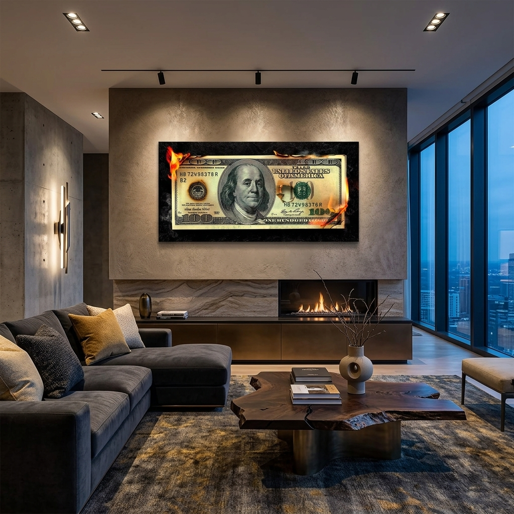 Burning money 100 dollars Inspirational Canvas Wall Art Print