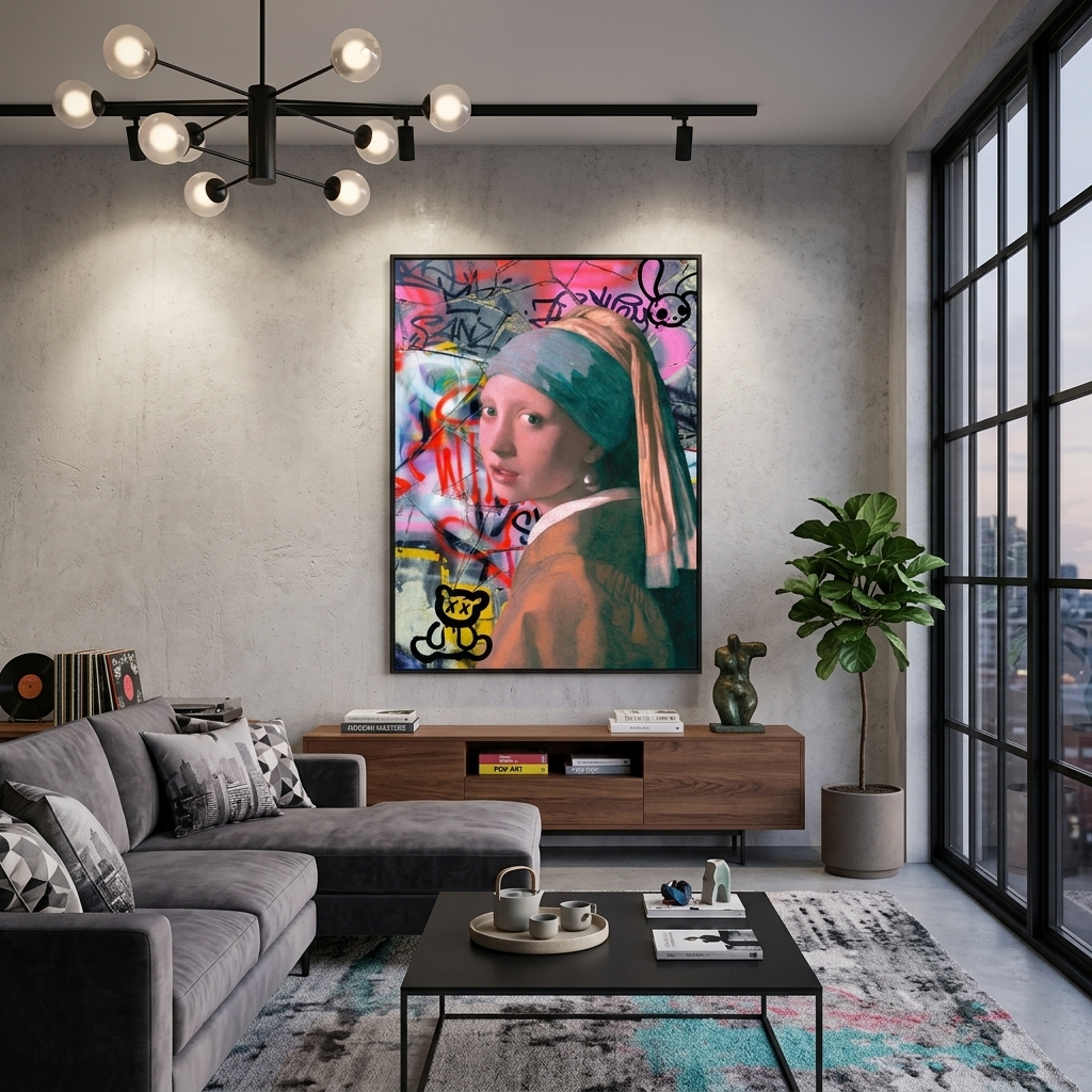 Canvas Wall Art Print Girl with a pearl earring on the background of cracked wall in garffiti