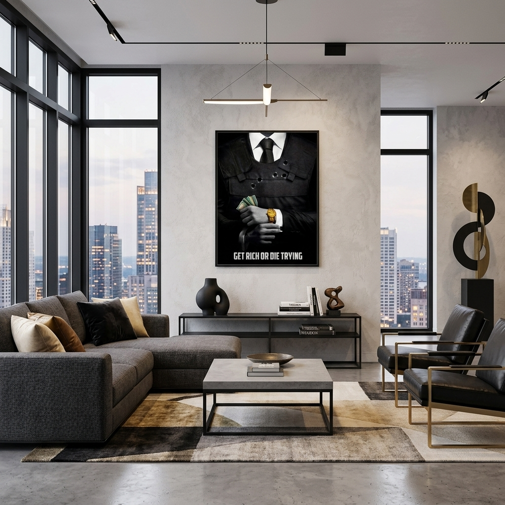 A man in a suit with money in his hands and a gold watch on his wrist with the inscription Motivational Canvas Wall Art Print