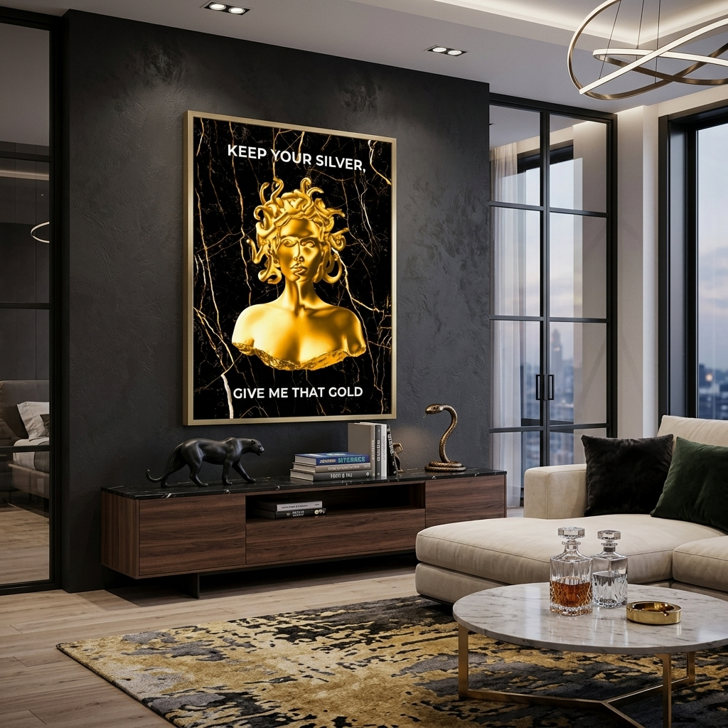 Gorgon Medusa with gold color and inscription Canvas Wall Art Print