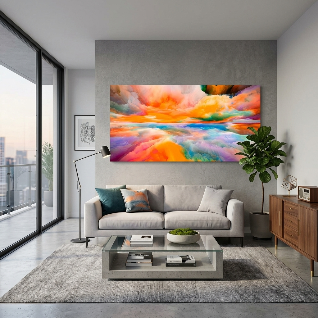 Rainbow abstraction with a central orange color Abstraction Canvas Wall Art Print