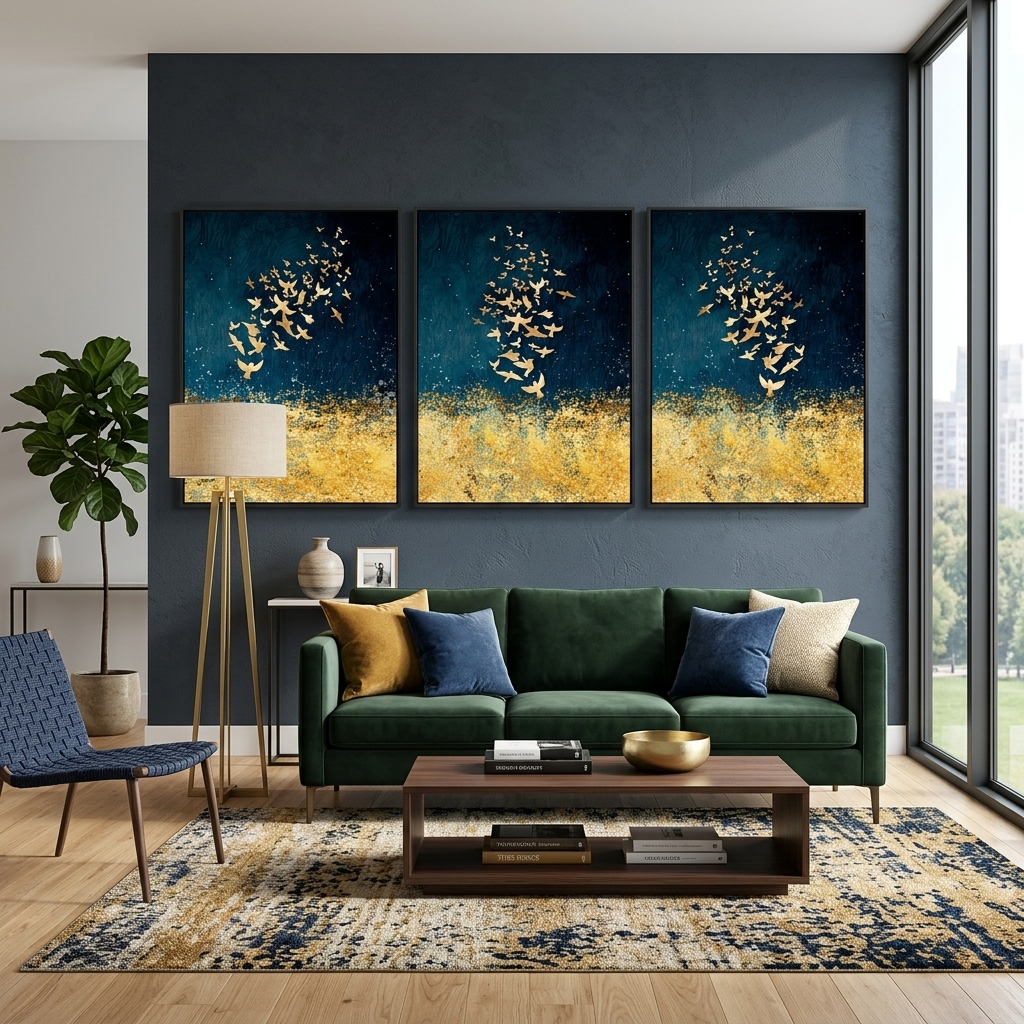 Modular abstraction in shades of gold and blue Multi Panel Canvas Wall Art Print