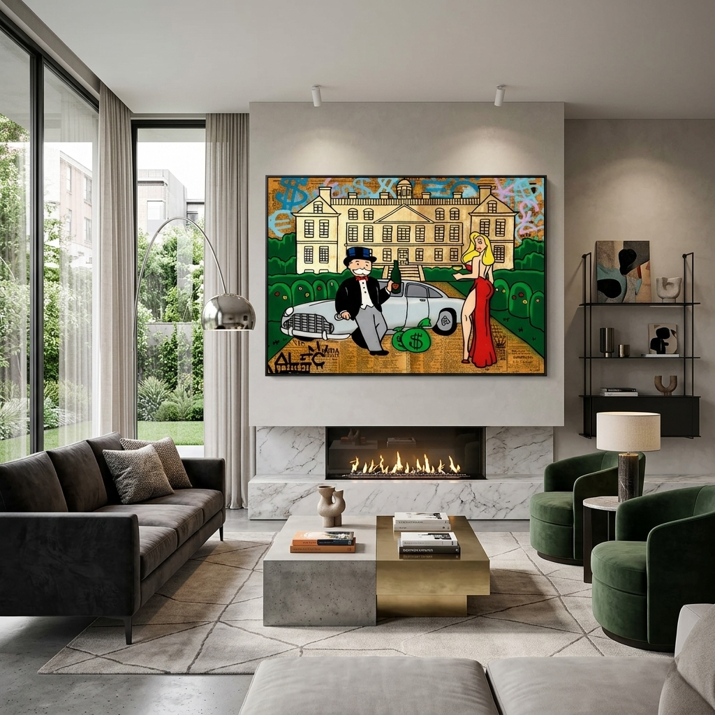 The girl and Alec Monopoly in the background of the car and the house Canvas Wall Art Print