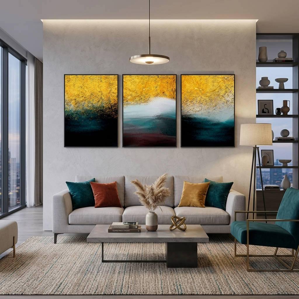 Modular of three pieces in gold white and dark colors Multi Panel Canvas Wall Art Print