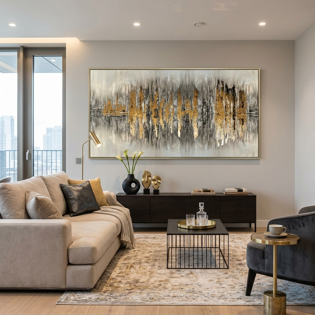 The silhouette of the city is a gray-gold color Abstraction Canvas Wall Art Print