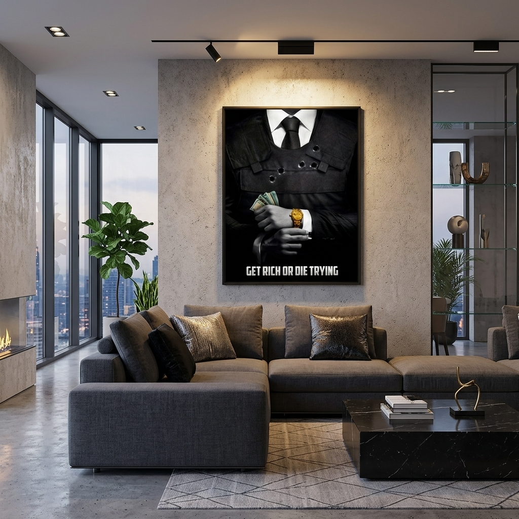 A man in a suit with money in his hands and a gold watch on his wrist with the inscription Motivational Canvas Wall Art Print