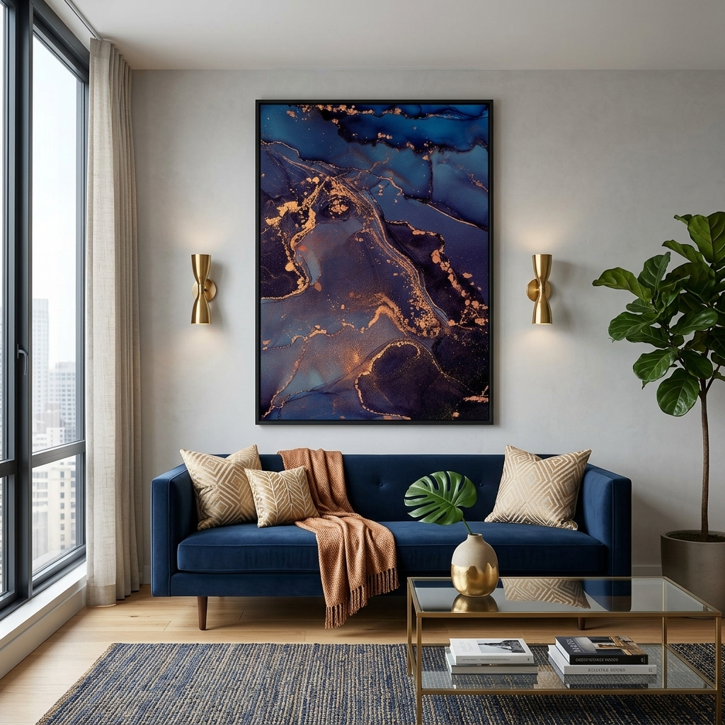Navy-black with a touch of gold Abstraction Canvas Wall Art Print