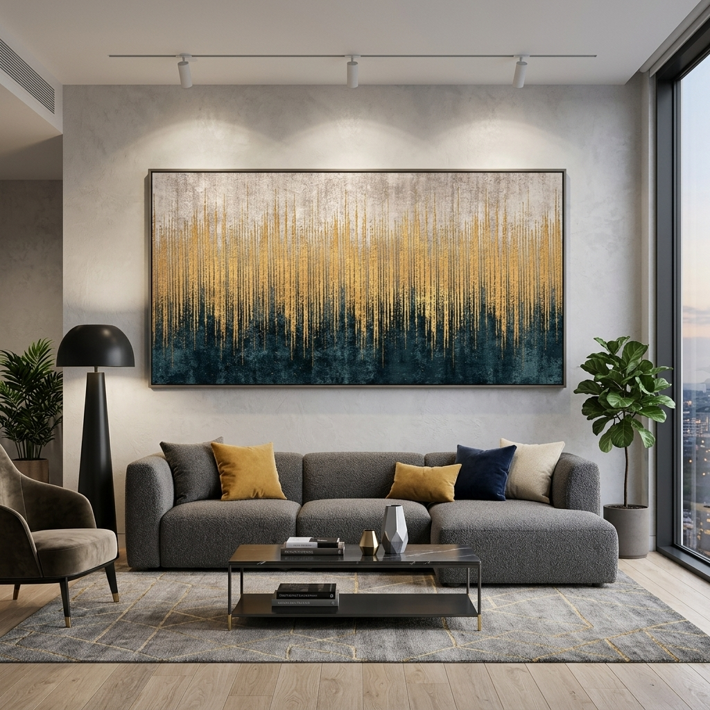 Lots of vertical gold lines on a white and gray background Abstraction Canvas Wall Art Print