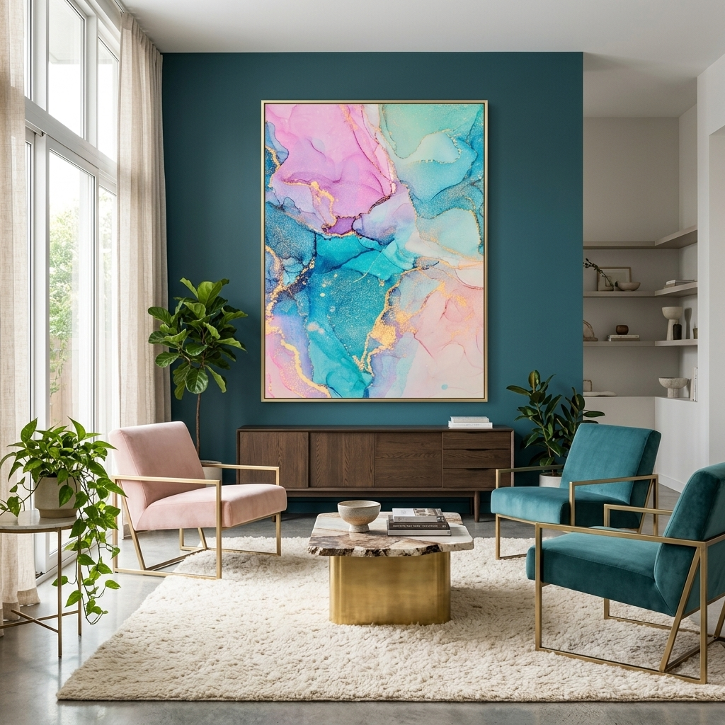 Gently turquoise with pink tones Abstraction Canvas Wall Art Print