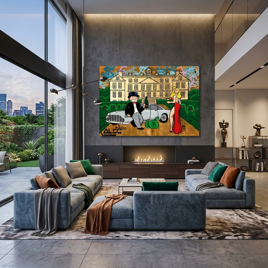 The girl and Alec Monopoly in the background of the car and the house Canvas Wall Art Print