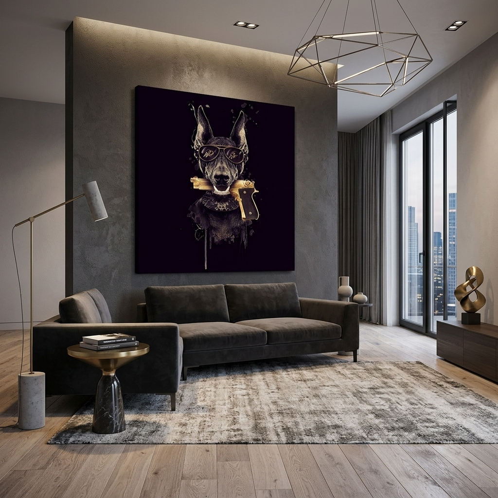 Doberman with a gun in his teeth. Canvas Wall Art Print