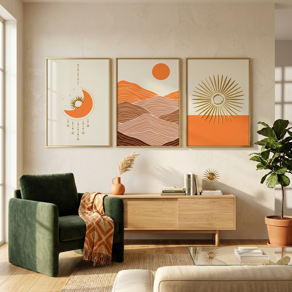 Modular geometric abstraction with bright orange color Multi Panel Canvas Wall Art Print