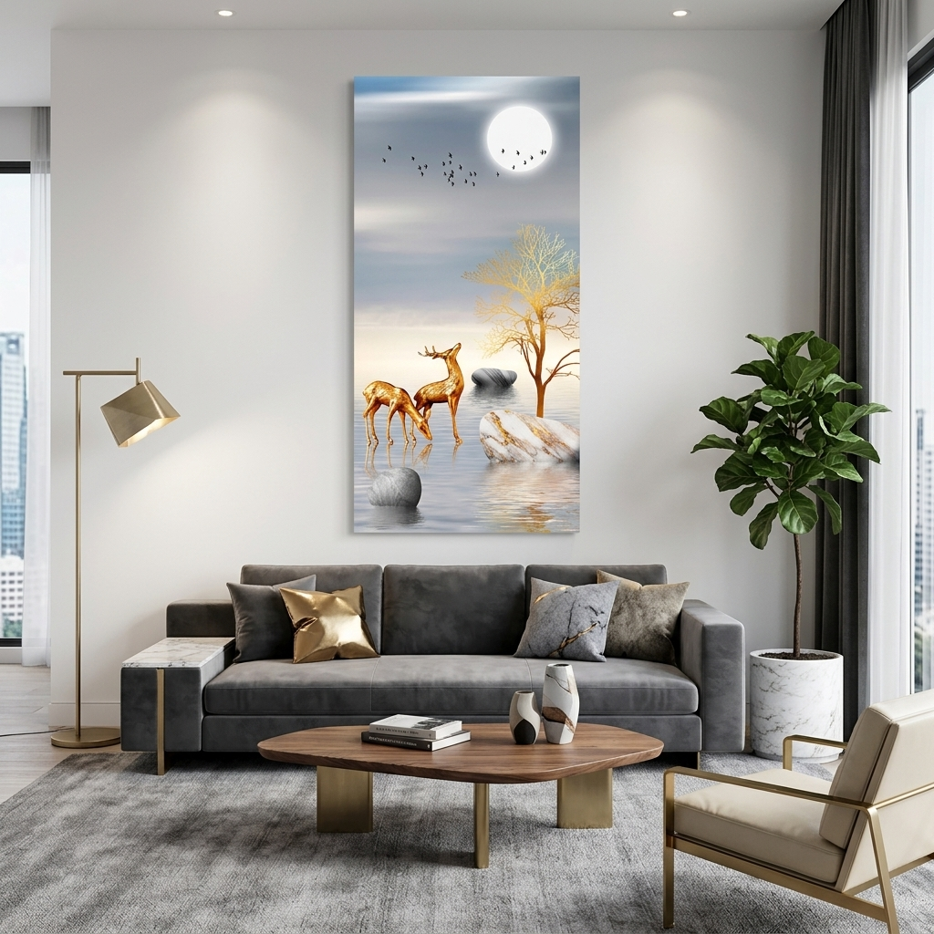 Three stones two deer two birds and the moon Abstraction Canvas Wall Art Print