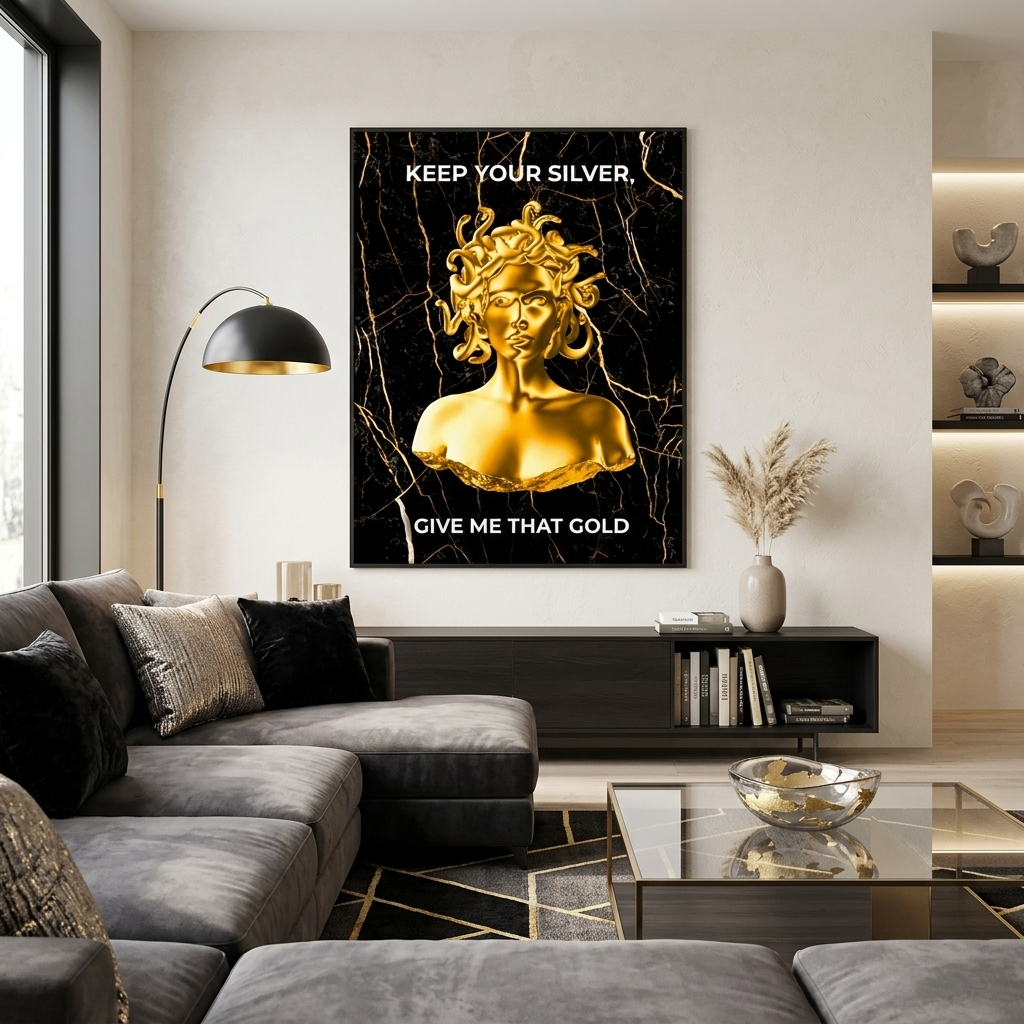 Gorgon Medusa with gold color and inscription Canvas Wall Art Print