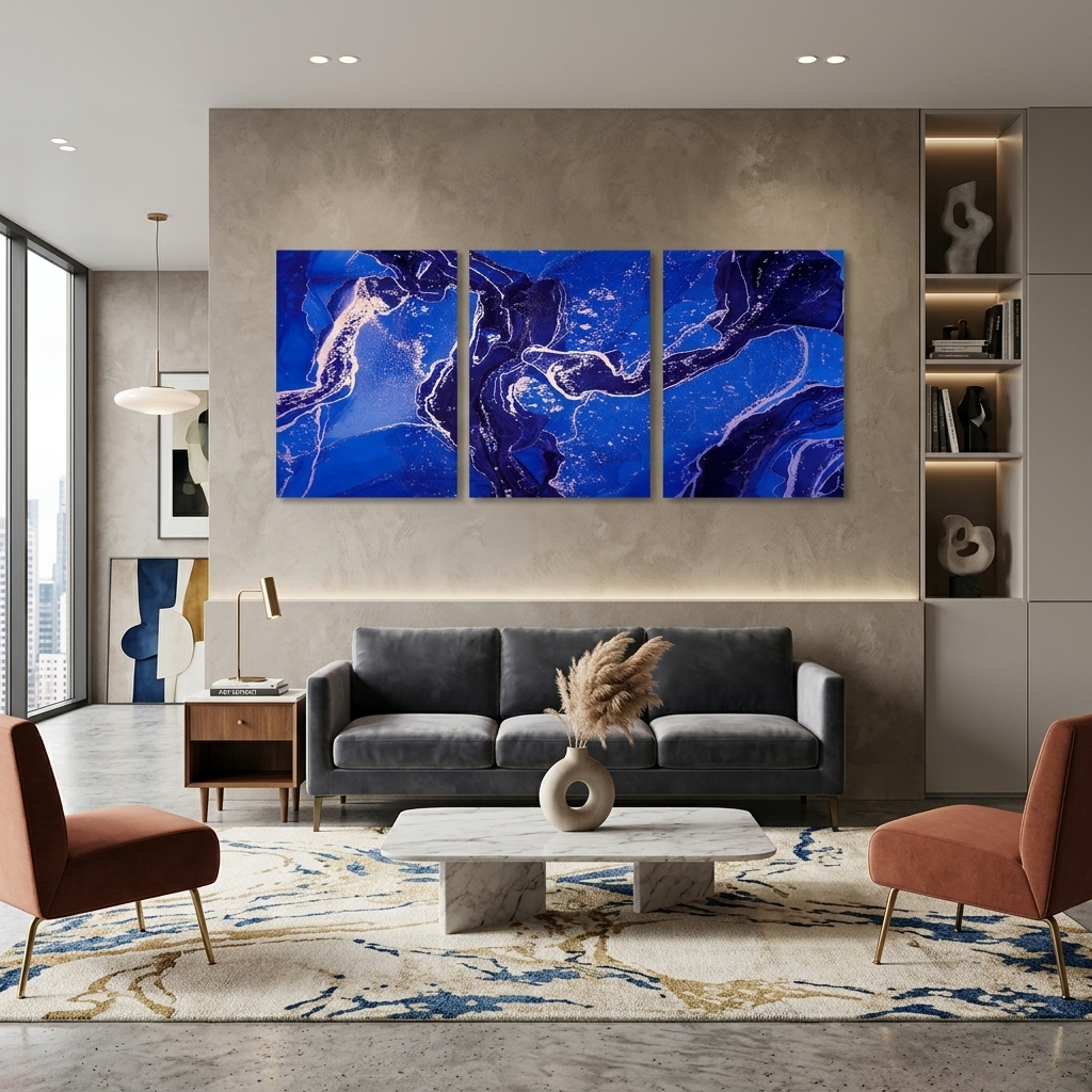 Modular navy blue abstract Multi Panel Canvas Wall Art Print