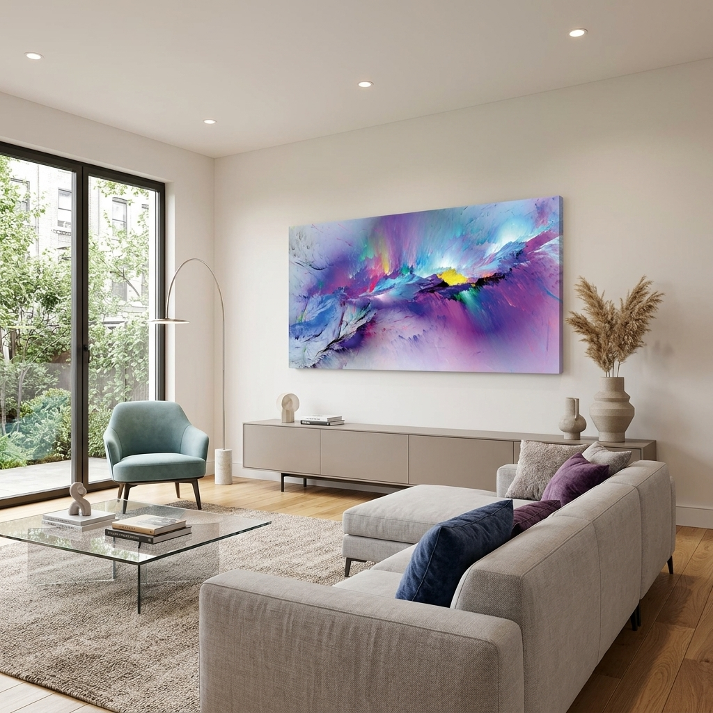 Violet blue abstract with small details of yellow and pink Abstraction Canvas Wall Art Print