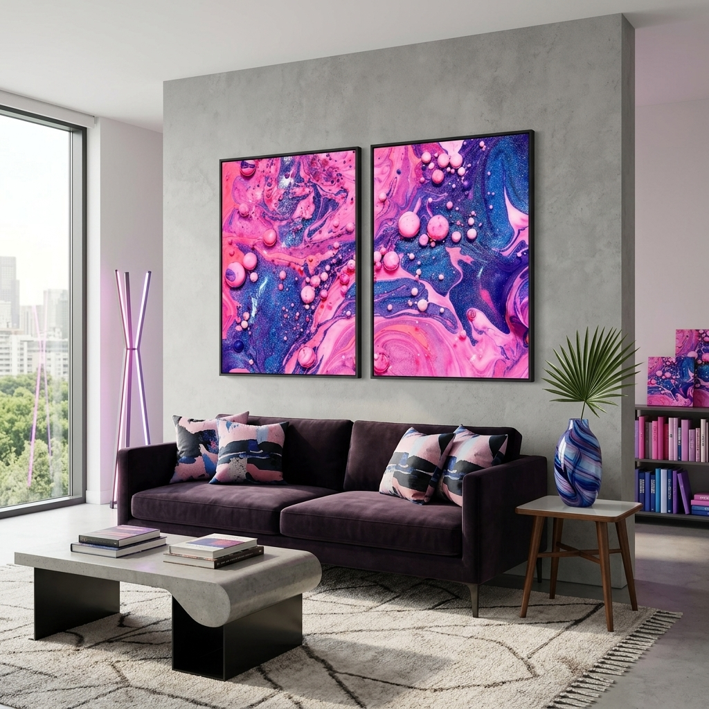Modular pink and blue abstract Multi Panel Canvas Wall Art Print
