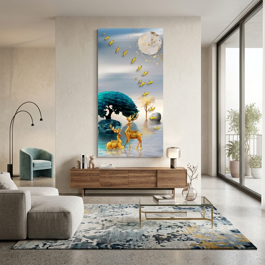 Two golden deer in a river with a blue-green tree Abstraction Canvas Wall Art Print