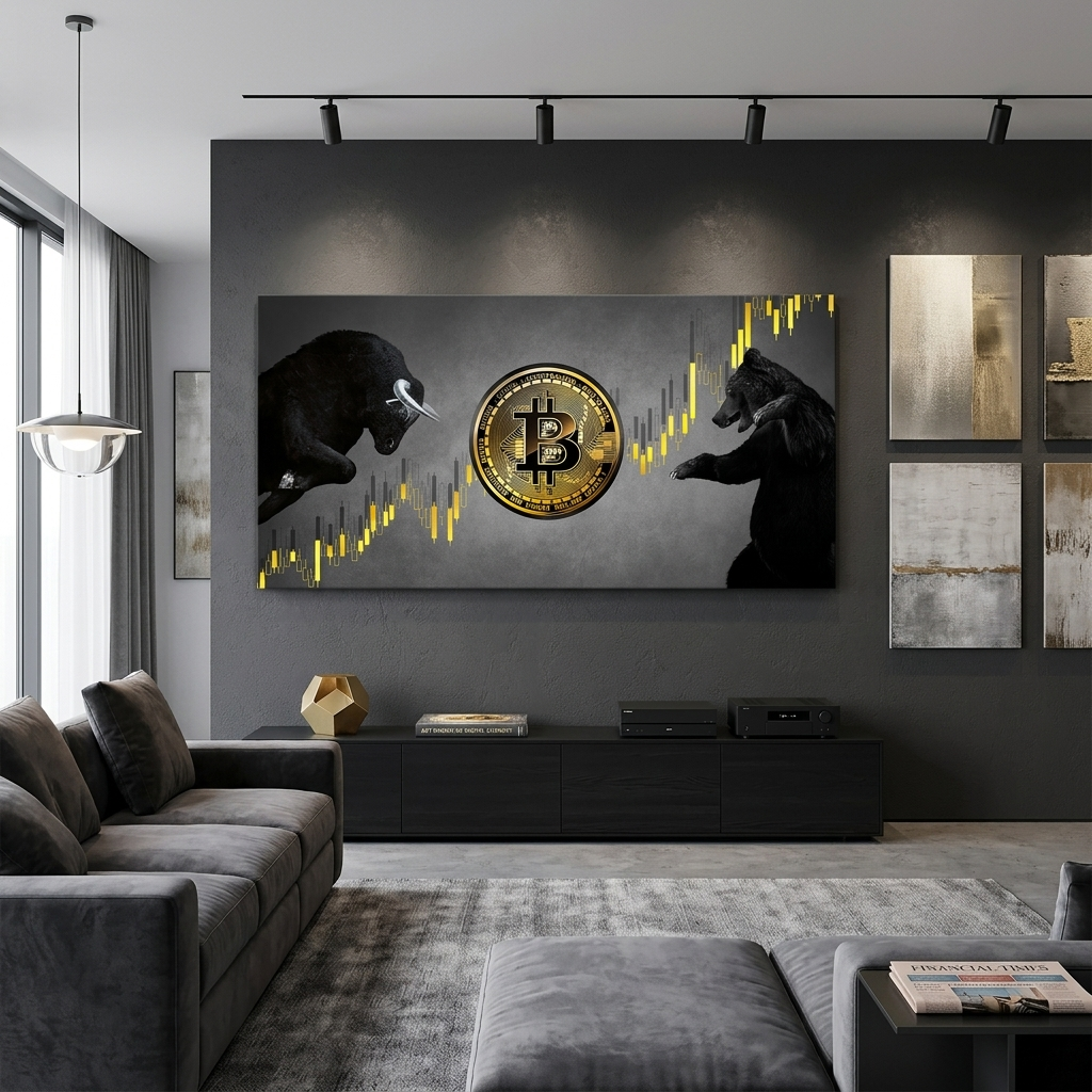 Bitcoin bull and bear on a gray background Inspirational Canvas Wall Art Print