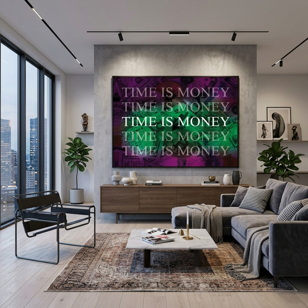 Dollars and bitcoin time is money on a purple background Inspirational Canvas Wall Art Print