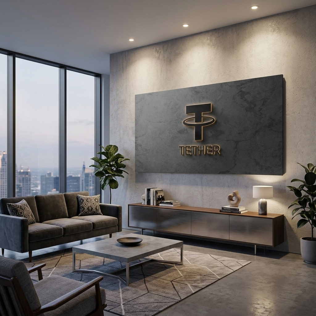 Tether USDT cryptocurrency logo on a gray background Inspirational Canvas Wall Art Print
