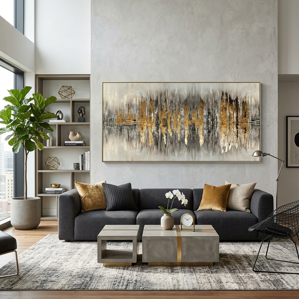 The silhouette of the city is a gray-gold color Abstraction Canvas Wall Art Print