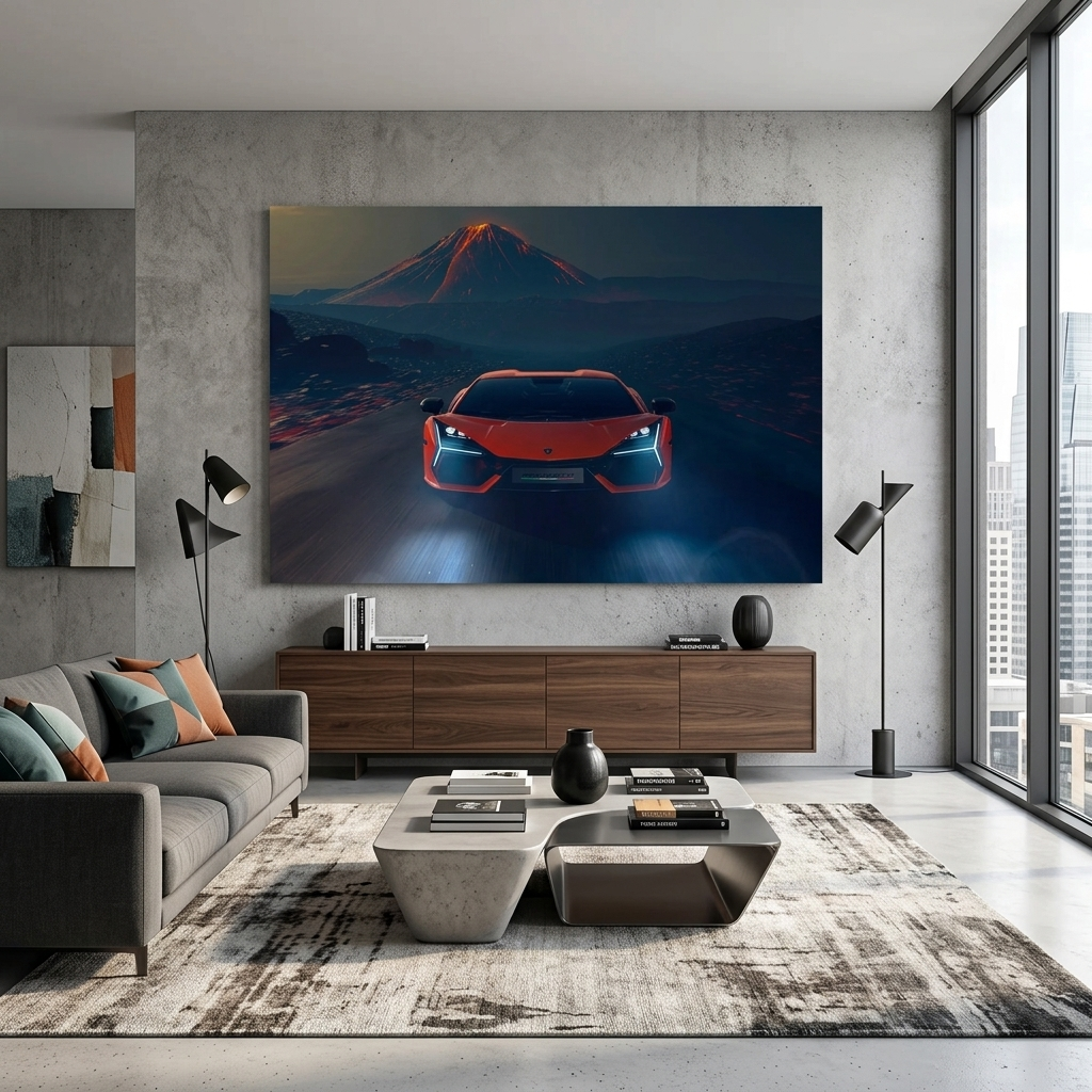 Car orange Lamborghini with a volcano in the background Canvas Wall Art Print