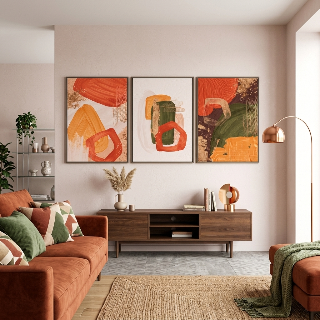 Modular yellow-orange abstract with green elements Multi Panel Canvas Wall Art Print