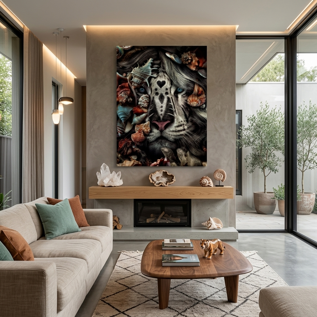 Interior White tiger and seashells Canvas Wall Art Print