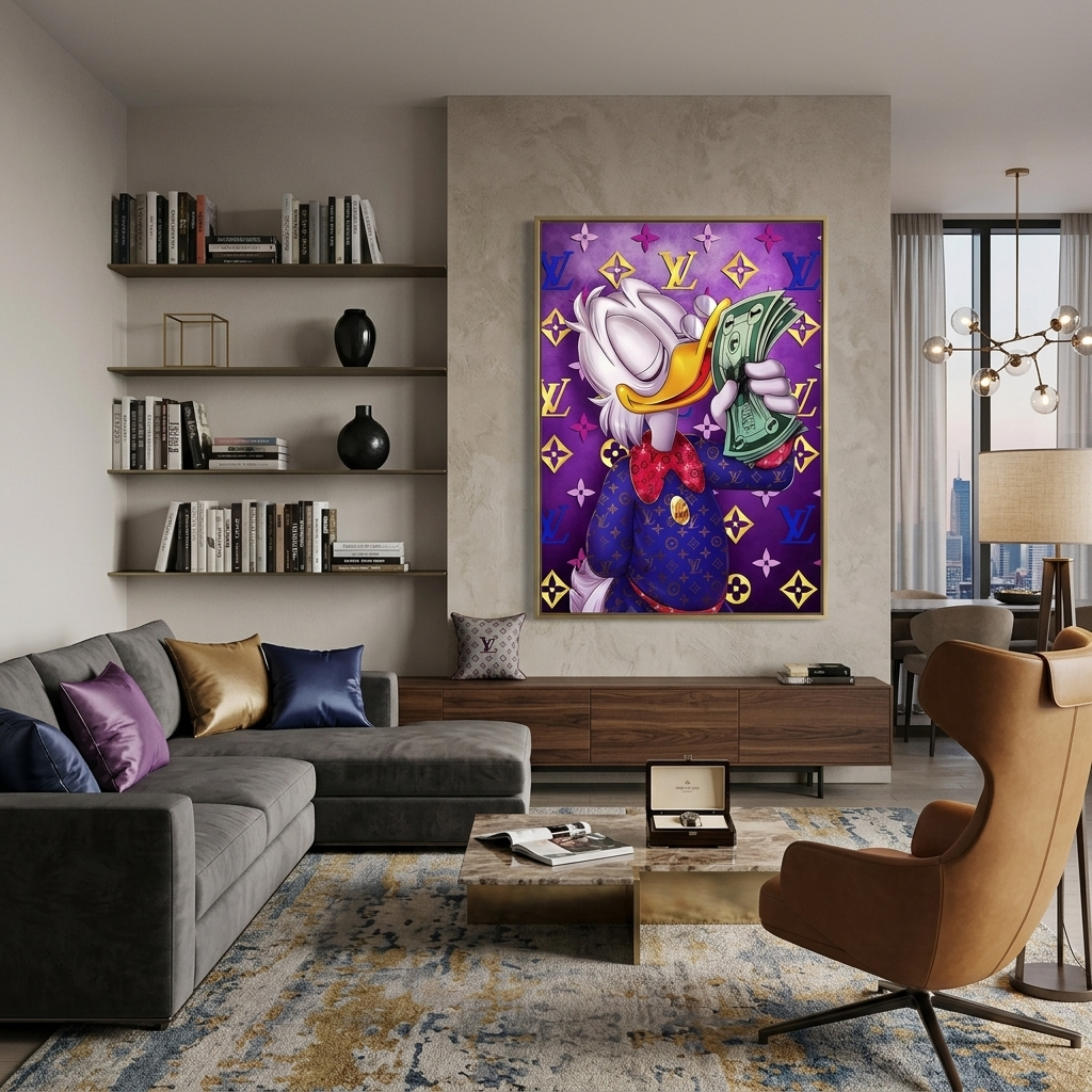 Inspirational Canvas Wall Art Print Scrooge with a bundle of dollars on purple background Chanel