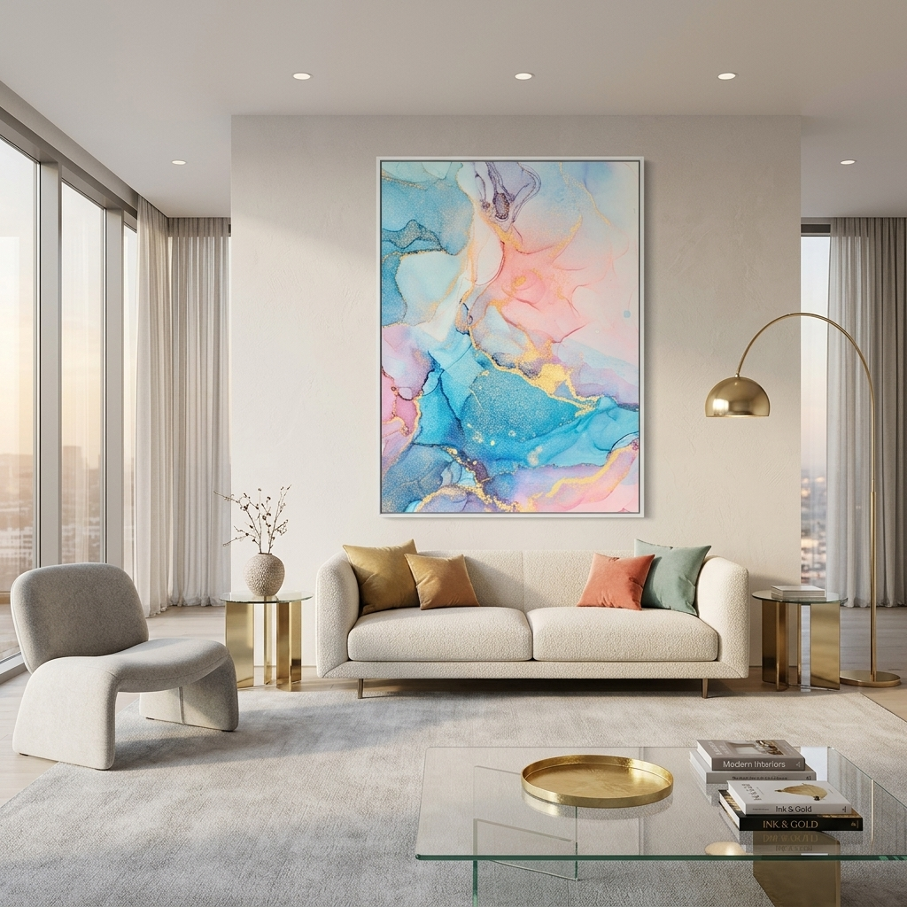 Powder pink with blue-gold tones Abstraction Canvas Wall Art Print