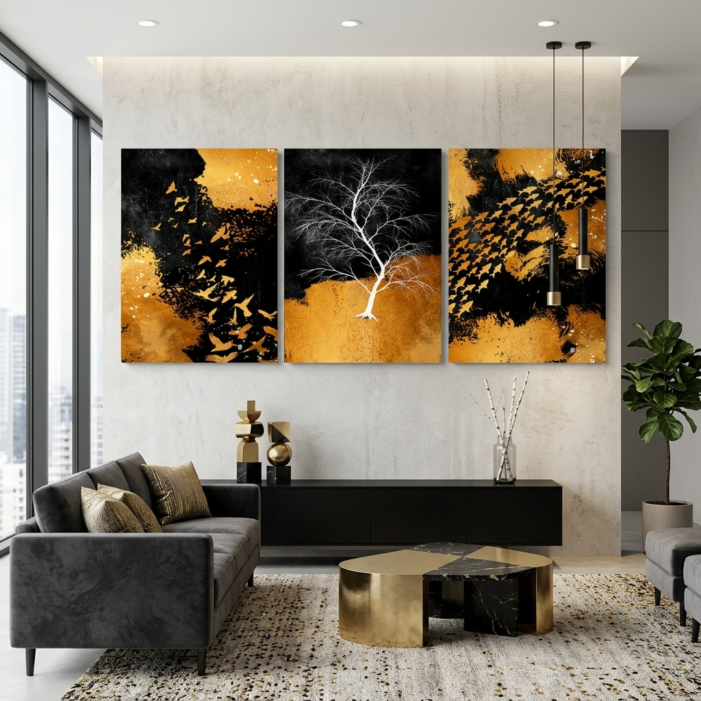 Modular abstraction in black gold and white colors Multi Panel Canvas Wall Art Print