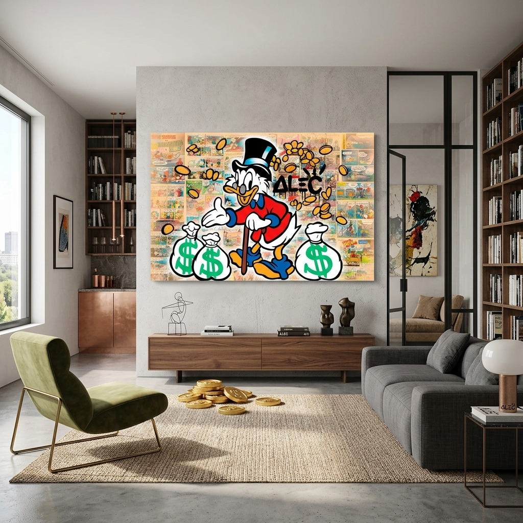 Scrooge with three white bags of gold in a comic book background Inspirational Canvas Wall Art Print