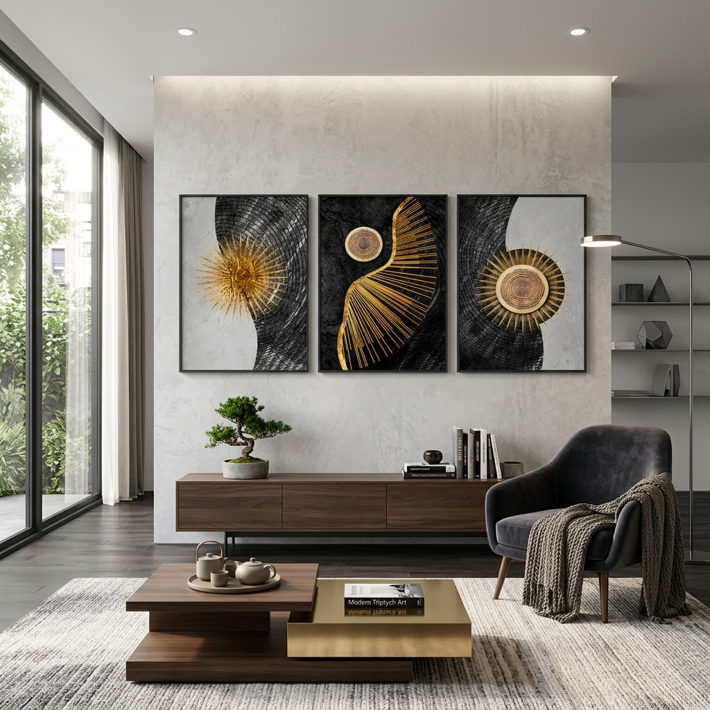 Modular geometric abstraction on a white and gray background Multi Panel Canvas Wall Art Print