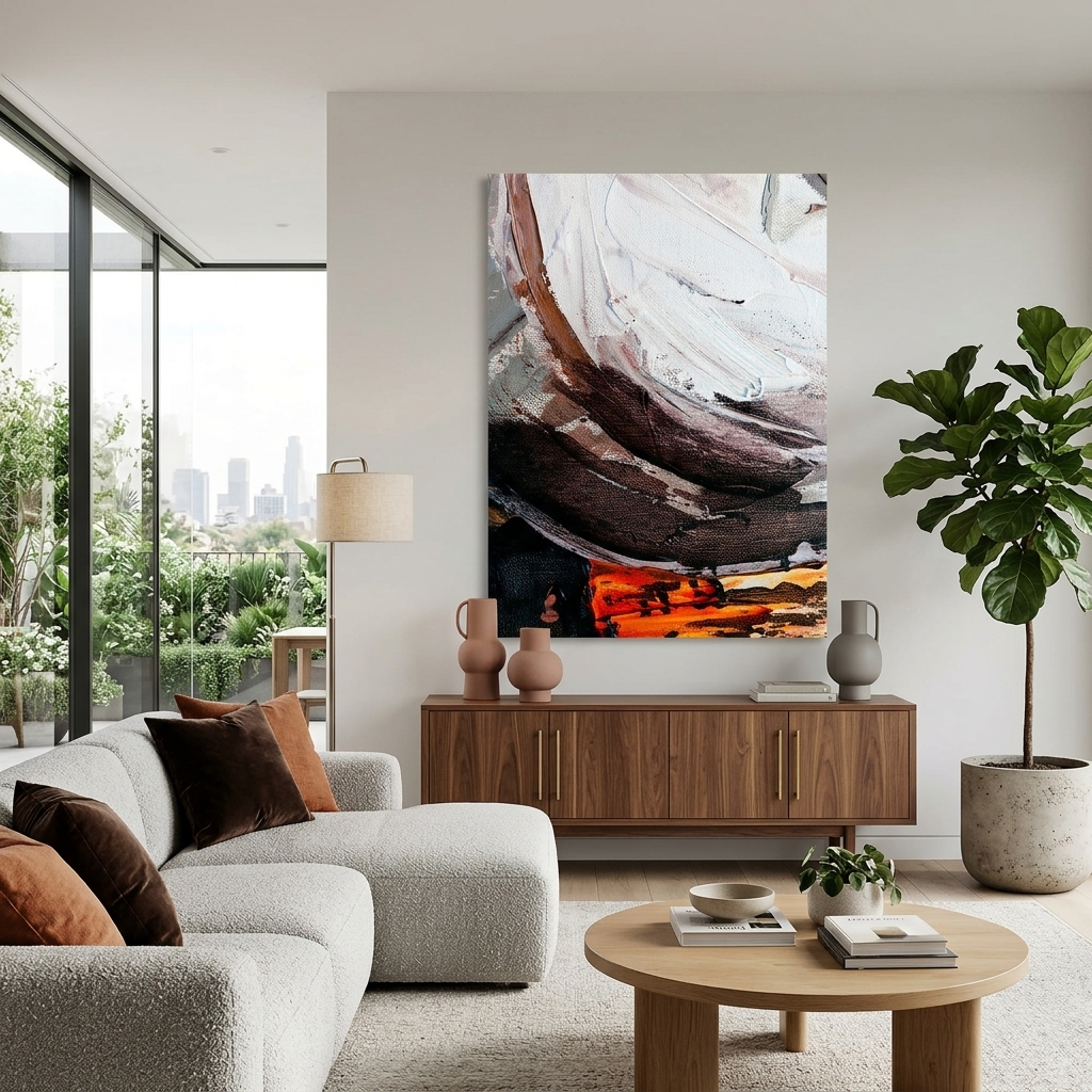 Vertical abstract in orange, black brown and white colors Abstraction Canvas Wall Art Print