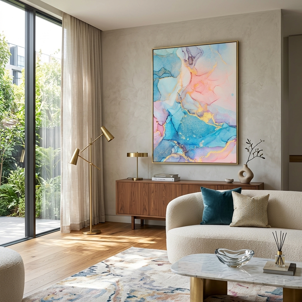 Powder pink with blue-gold tones Abstraction Canvas Wall Art Print
