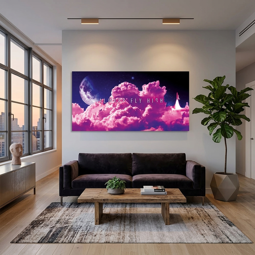 Pink clouds on the background of the month with the inscription Motivational Canvas Wall Art Print