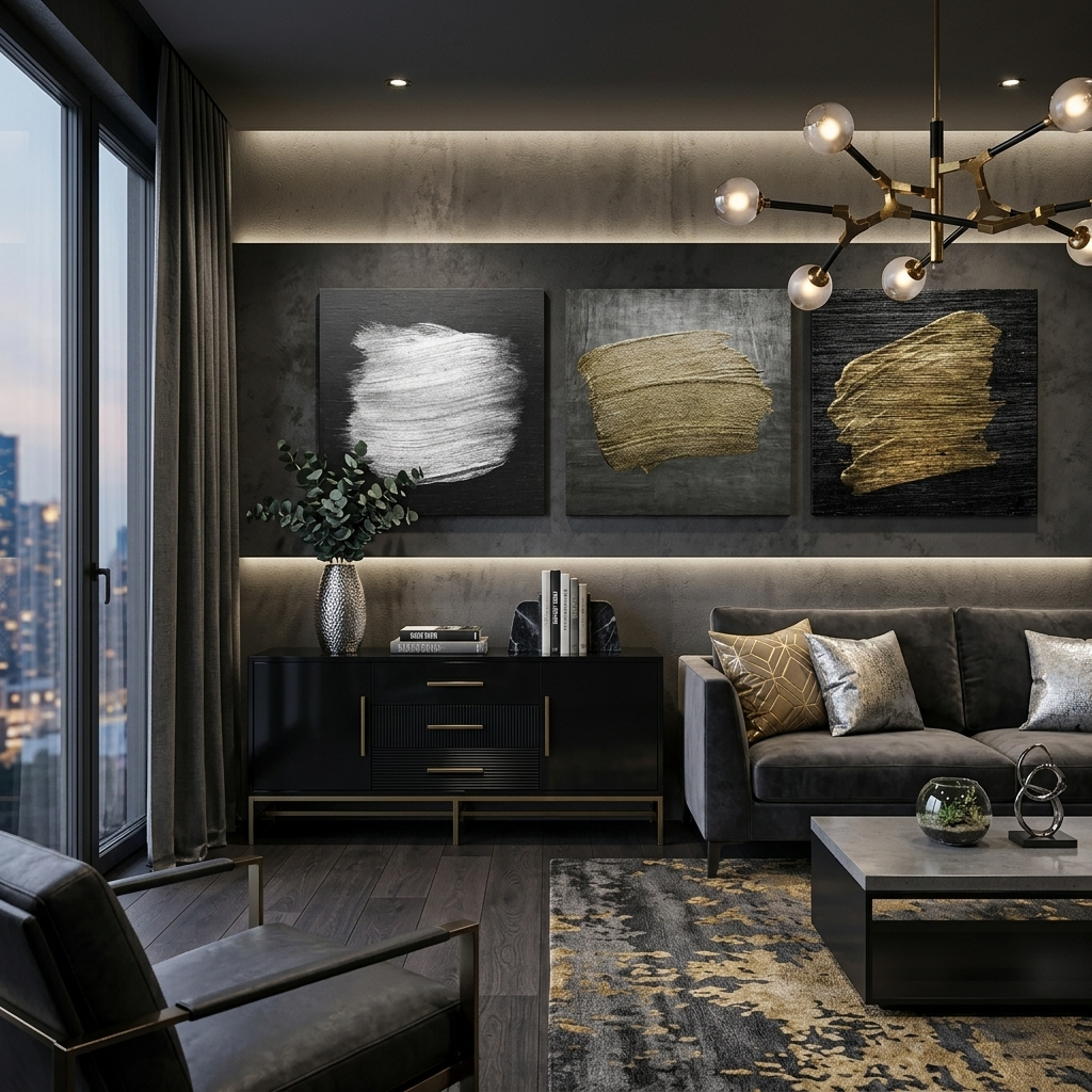 Paint strokes on a dark gray background Multi Panel Canvas Wall Art Print