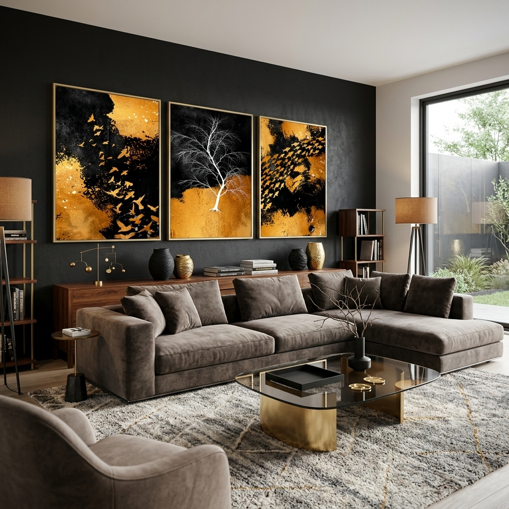 Modular abstraction in black gold and white colors Multi Panel Canvas Wall Art Print