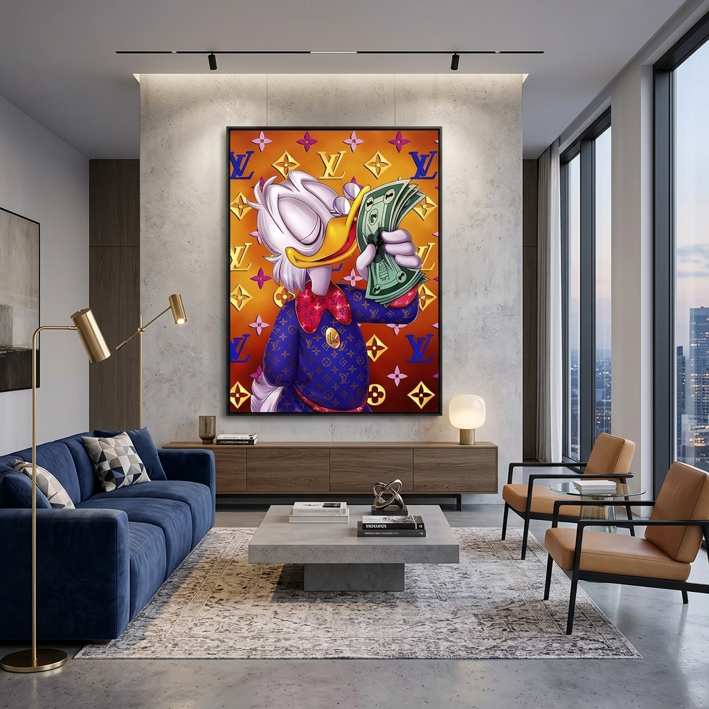 Inspirational Canvas Wall Art Print Scrooge with a bundle of dollars on an orange background Chanel