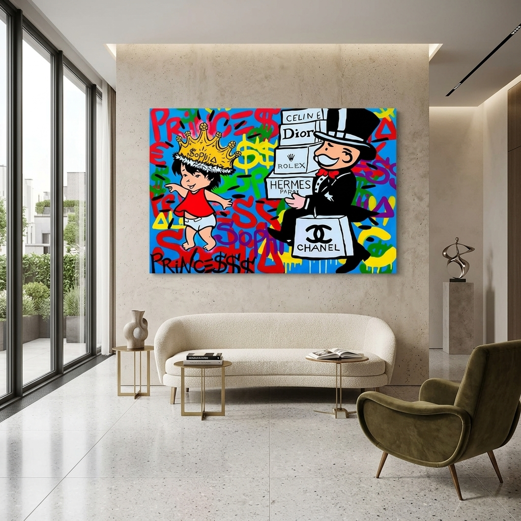 Alec Monopoly in the background of the graffiti Canvas Wall Art Print