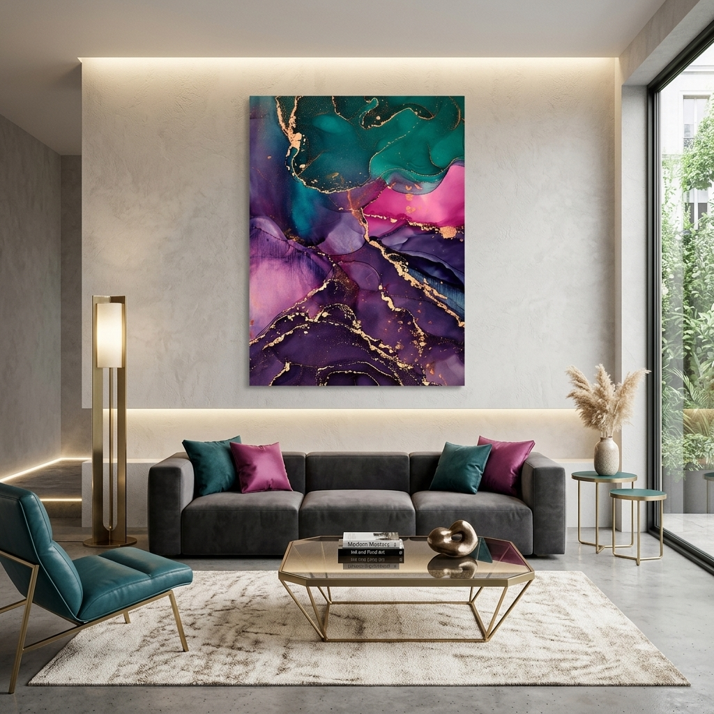 Green-purple with pink elements Abstraction Canvas Wall Art Print