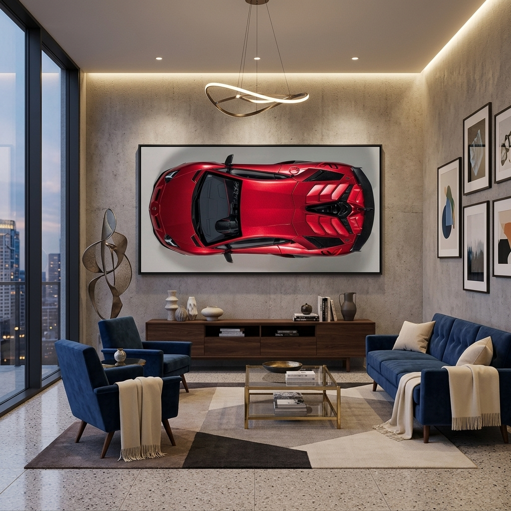 The car is a cherry red Lamborghini Canvas Wall Art Print