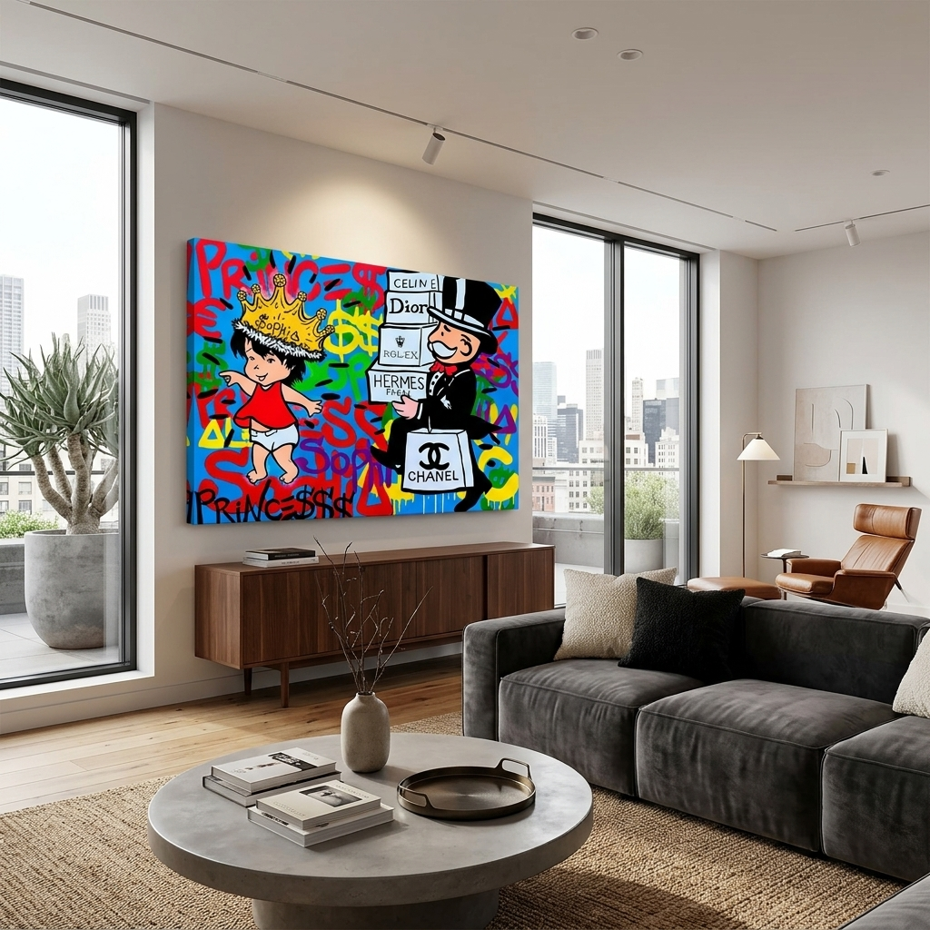 Alec Monopoly in the background of the graffiti Canvas Wall Art Print