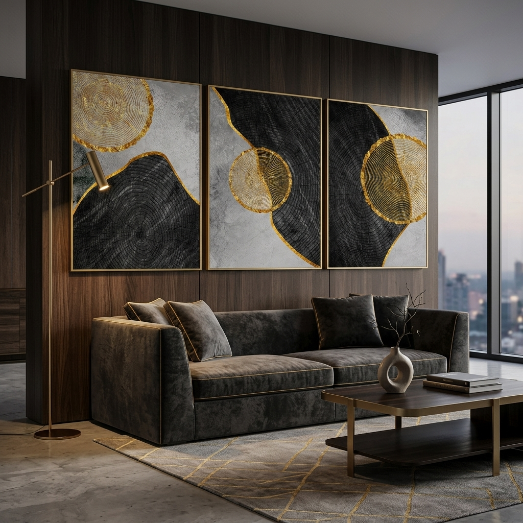 Modular geometric abstraction with golden border of figures Multi Panel Canvas Wall Art Print