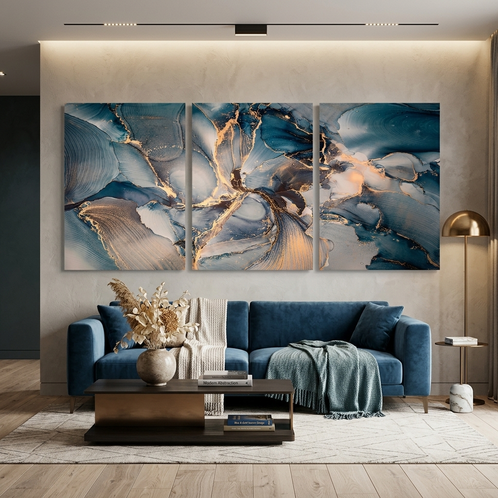 Modular gray-blue abstract with gold elements Multi Panel Canvas Wall Art Print