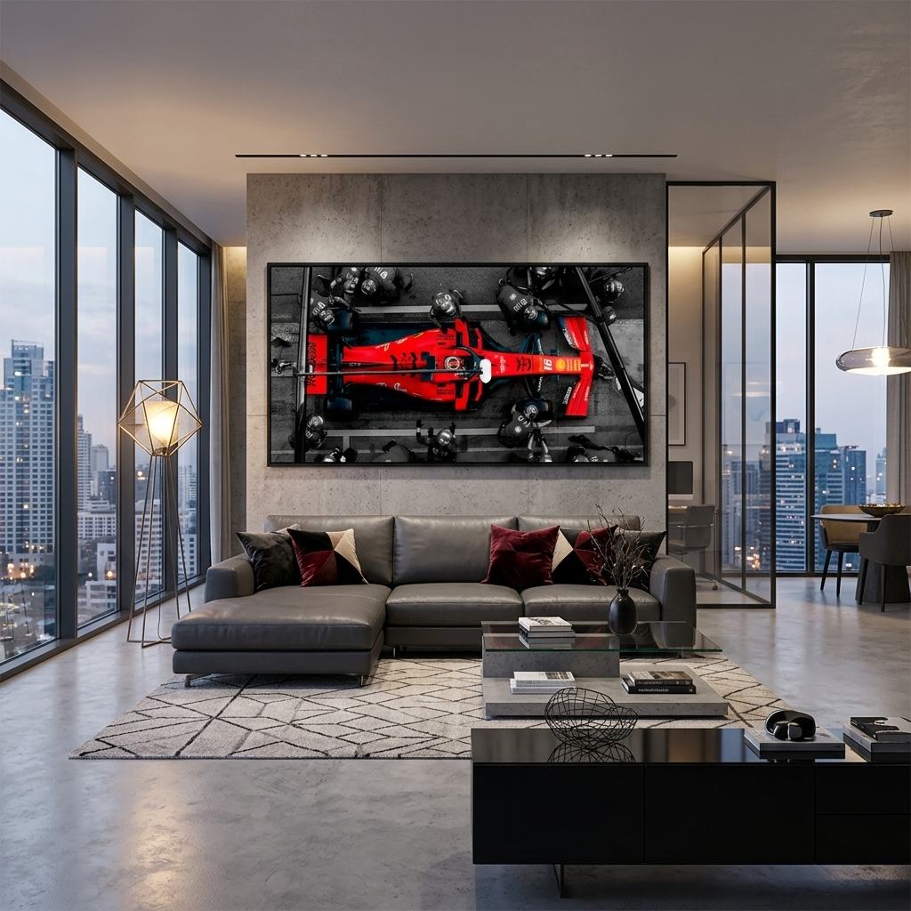 Formula 1 car with people in black suits Canvas Wall Art Print