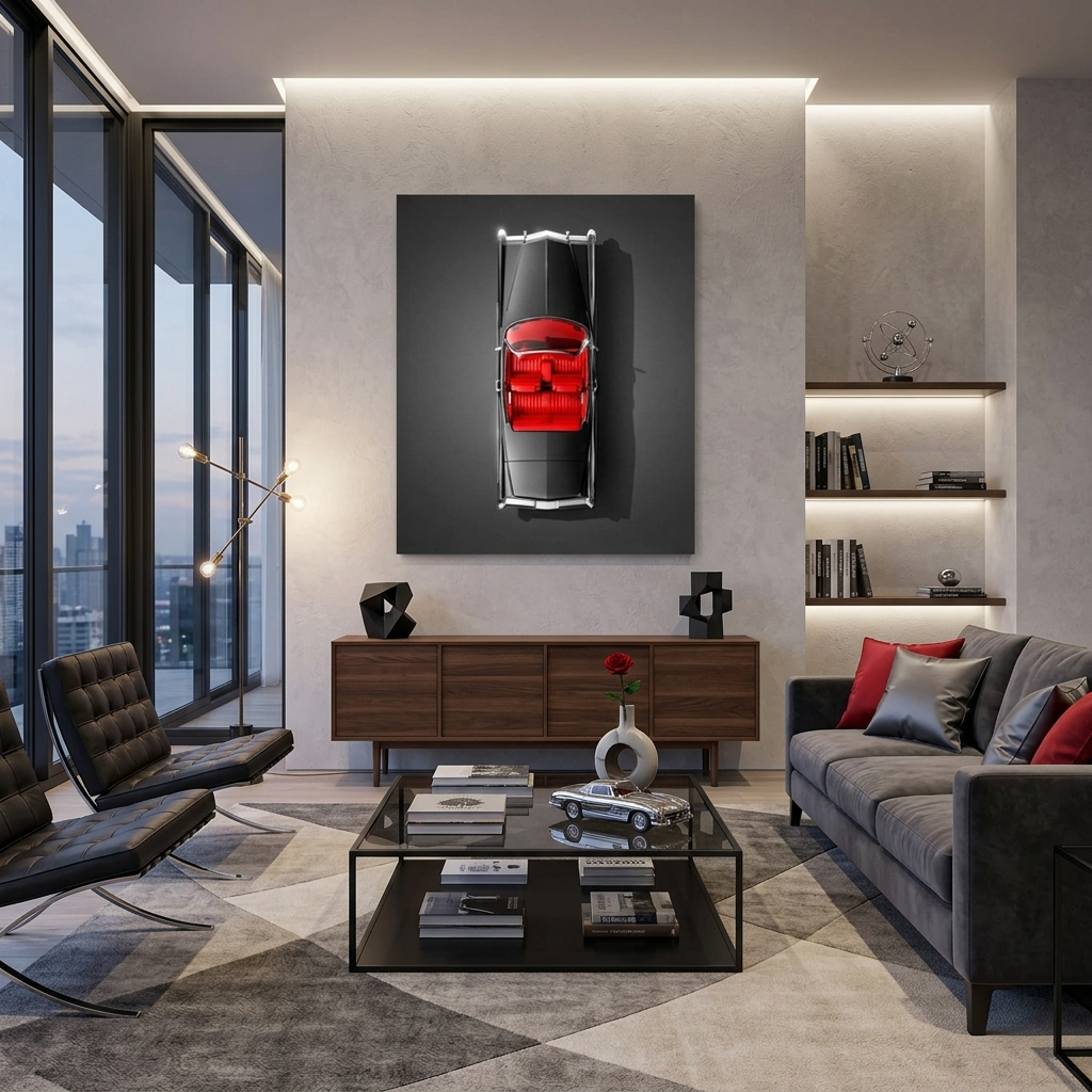 Car black color with red interior on black background Canvas Wall Art Print
